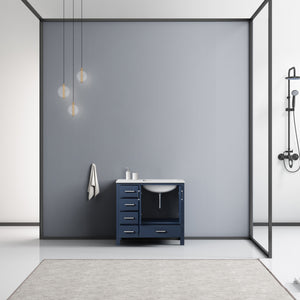 Lexora Jacques LJ342236SEDS000-R 36" Single Bathroom Vanity in Navy Blue with White Carrara Marble, White Rectangle Sink on Right, Rendered Open Doors