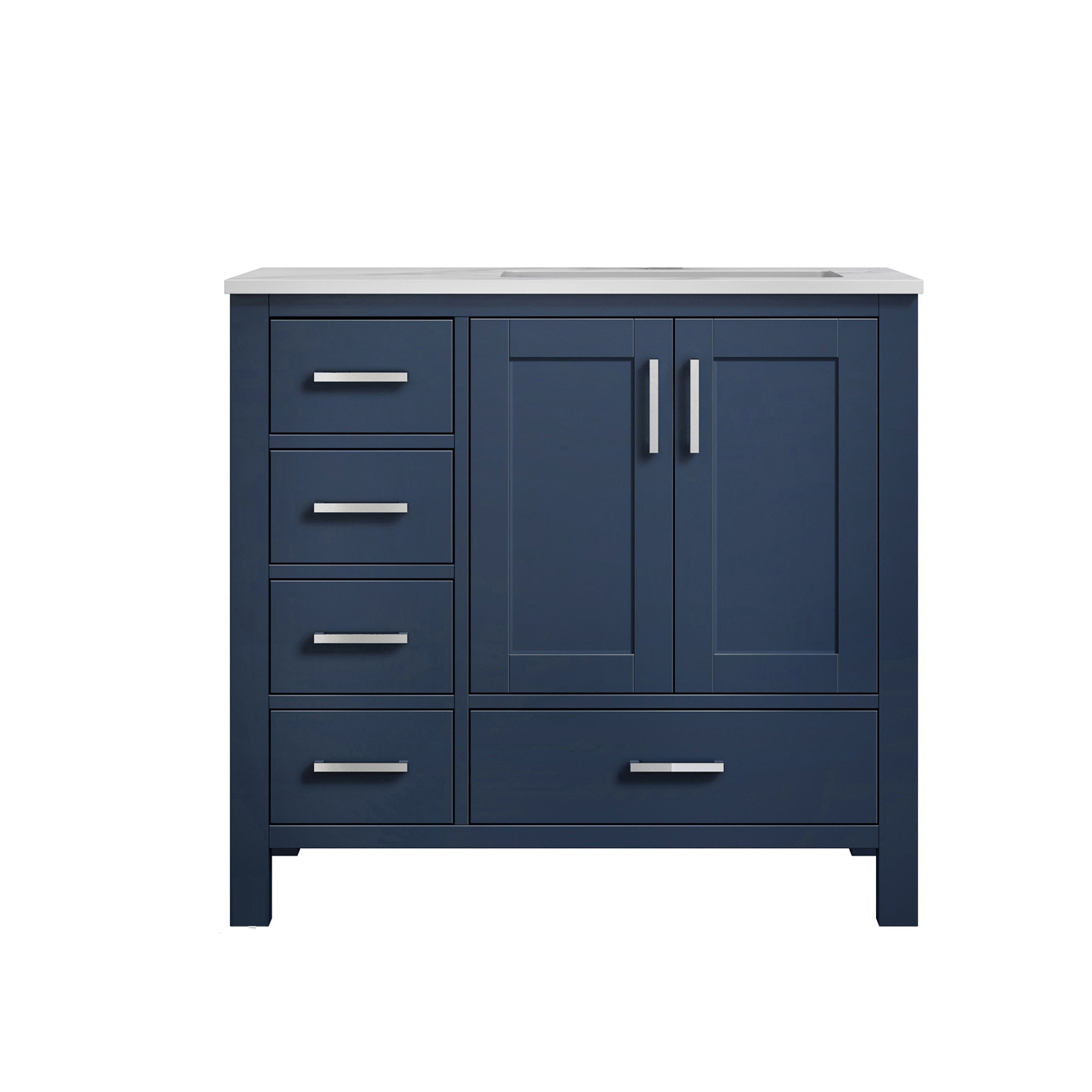 Lexora Jacques LJ342236SEDS000-R 36" Single Bathroom Vanity in Navy Blue with White Carrara Marble, White Rectangle Sink on Right, Front View