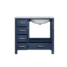 Load image into Gallery viewer, Lexora Jacques LJ342236SEDS000-R 36&quot; Single Bathroom Vanity in Navy Blue with White Carrara Marble, White Rectangle Sink on Right, Open Doors