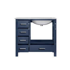 Lexora Jacques LJ342236SEDS000-R 36" Single Bathroom Vanity in Navy Blue with White Carrara Marble, White Rectangle Sink on Right, Open Doors