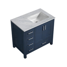 Load image into Gallery viewer, Lexora Jacques LJ342236SEDS000-R 36&quot; Single Bathroom Vanity in Navy Blue with White Carrara Marble, White Rectangle Sink on Right, Countertop