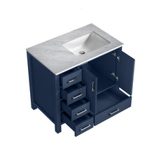 Load image into Gallery viewer, Lexora Jacques LJ342236SEDS000-R 36&quot; Single Bathroom Vanity in Navy Blue with White Carrara Marble, White Rectangle Sink on Right, Open Doors and Drawers