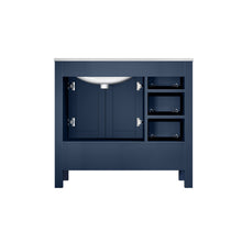 Load image into Gallery viewer, Lexora Jacques LJ342236SEDS000-R 36&quot; Single Bathroom Vanity in Navy Blue with White Carrara Marble, White Rectangle Sink on Right, Back View