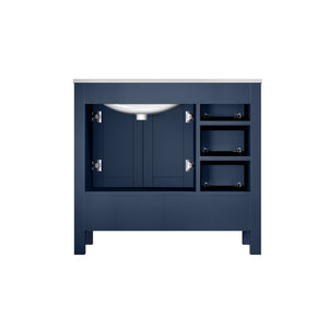 Lexora Jacques LJ342236SEDS000-R 36" Single Bathroom Vanity in Navy Blue with White Carrara Marble, White Rectangle Sink on Right, Back View