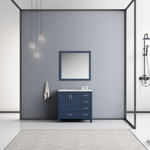 Load image into Gallery viewer, Lexora Jacques LJ342236SEDS000-L 36&quot; Single Bathroom Vanity in Navy Blue with White Carrara Marble, White Rectangle Sink on Left, Rendered with Mirror