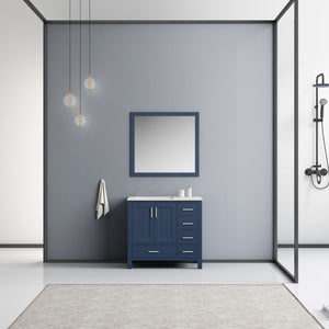 Lexora Jacques LJ342236SEDS000-L 36" Single Bathroom Vanity in Navy Blue with White Carrara Marble, White Rectangle Sink on Left, Rendered with Mirror