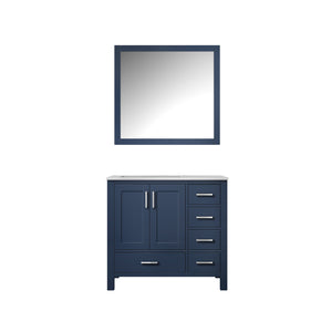 Lexora Jacques LJ342236SEDS000-L 36" Single Bathroom Vanity in Navy Blue with White Carrara Marble, White Rectangle Sink on Left, with Mirror