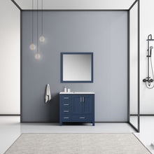 Load image into Gallery viewer, Lexora Jacques LJ342236SEDS000-R 36&quot; Single Bathroom Vanity in Navy Blue with White Carrara Marble, White Rectangle Sink on Right, Rendered with Mirror