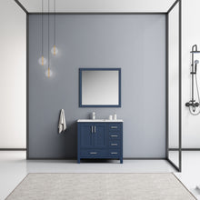 Load image into Gallery viewer, Lexora Jacques LJ342236SEDS000-L 36&quot; Single Bathroom Vanity in Navy Blue with White Carrara Marble, White Rectangle Sink on Left, Rendered with Mirror and Faucet