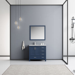 Lexora Jacques LJ342236SEDS000-L 36" Single Bathroom Vanity in Navy Blue with White Carrara Marble, White Rectangle Sink on Left, Rendered with Mirror and Faucet