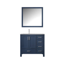 Load image into Gallery viewer, Lexora Jacques LJ342236SEDS000-L 36&quot; Single Bathroom Vanity in Navy Blue with White Carrara Marble, White Rectangle Sink on Left, with Mirror and Faucet