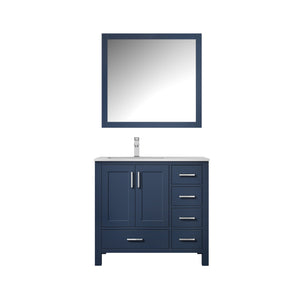 Lexora Jacques LJ342236SEDS000-L 36" Single Bathroom Vanity in Navy Blue with White Carrara Marble, White Rectangle Sink on Left, with Mirror and Faucet