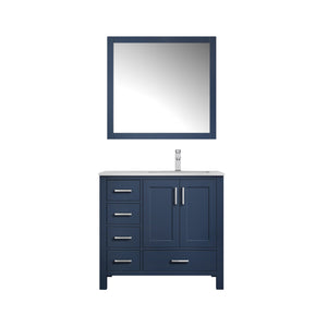 Lexora Jacques LJ342236SEDS000-R 36" Single Bathroom Vanity in Navy Blue with White Carrara Marble, White Rectangle Sink on Right, with Mirror and Faucet