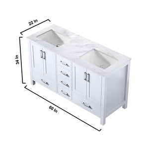 Lexora Jacques LJ342260DADS000 60" Double Bathroom Vanity in White with White Carrara Marble, White Rectangle Sinks, Vanity Dimensions