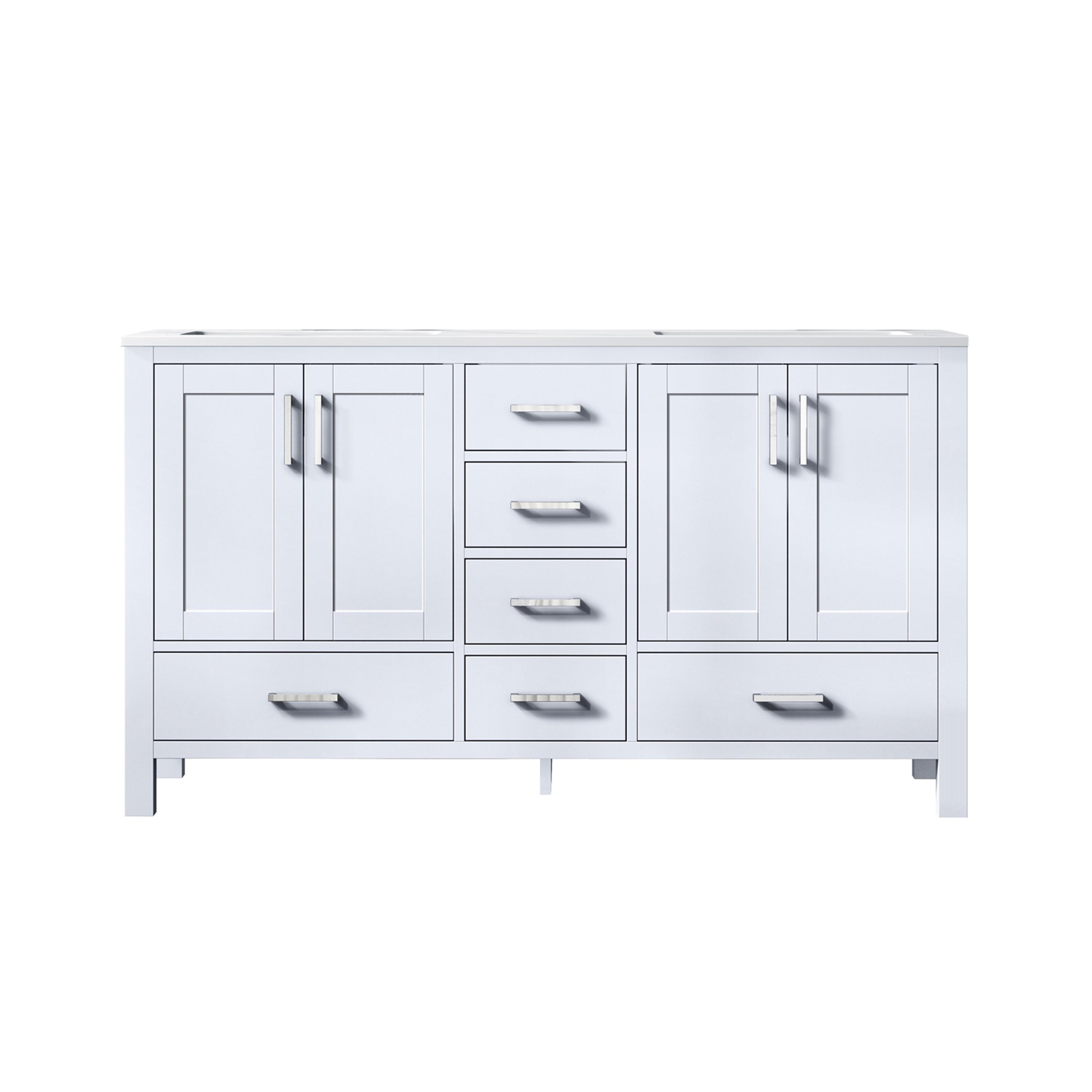 Lexora Jacques LJ342260DADS000 60" Double Bathroom Vanity in White with White Carrara Marble, White Rectangle Sinks, Front View