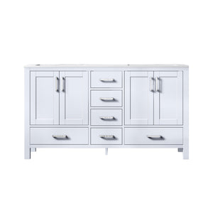 Lexora Jacques LJ342260DADS000 60" Double Bathroom Vanity in White with White Carrara Marble, White Rectangle Sinks, Front View