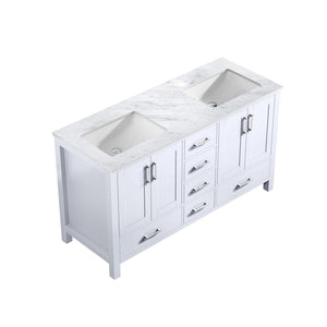 Lexora Jacques LJ342260DADS000 60" Double Bathroom Vanity in White with White Carrara Marble, White Rectangle Sinks, Countertop