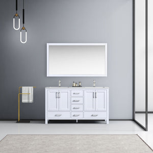 Lexora Jacques LJ342260DADS000 60" Double Bathroom Vanity in White with White Carrara Marble, White Rectangle Sinks, Rendered with Mirror and Faucets