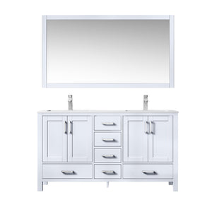 Lexora Jacques LJ342260DADS000 60" Double Bathroom Vanity in White with White Carrara Marble, White Rectangle Sinks, with Mirror and Faucets