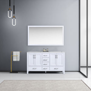 Lexora Jacques LJ342260DADS000 60" Double Bathroom Vanity in White with White Carrara Marble, White Rectangle Sinks, Rendered with Mirror