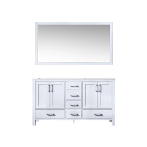 Lexora Jacques LJ342260DADS000 60" Double Bathroom Vanity in White with White Carrara Marble, White Rectangle Sinks, with Mirror