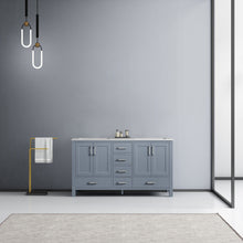 Load image into Gallery viewer, Lexora Jacques LJ342260DBDS000 60&quot; Double Bathroom Vanity in Dark Grey with White Carrara Marble, White Rectangle Sinks, Rendered Front View