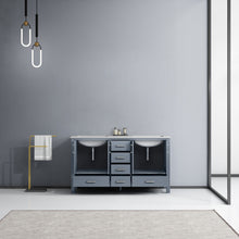 Load image into Gallery viewer, Lexora Jacques LJ342260DBDS000 60&quot; Double Bathroom Vanity in Dark Grey with White Carrara Marble, White Rectangle Sinks, Rendered Open Doors