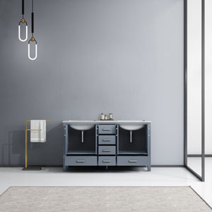 Lexora Jacques LJ342260DBDS000 60" Double Bathroom Vanity in Dark Grey with White Carrara Marble, White Rectangle Sinks, Rendered Open Doors