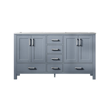 Load image into Gallery viewer, Lexora Jacques LJ342260DBDS000 60&quot; Double Bathroom Vanity in Dark Grey with White Carrara Marble, White Rectangle Sinks, Front View