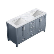 Load image into Gallery viewer, Lexora Jacques LJ342260DBDS000 60&quot; Double Bathroom Vanity in Dark Grey with White Carrara Marble, White Rectangle Sinks, Countertop