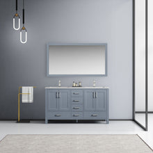 Load image into Gallery viewer, Lexora Jacques LJ342260DBDS000 60&quot; Double Bathroom Vanity in Dark Grey with White Carrara Marble, White Rectangle Sinks, Rendered with Mirror and Faucets