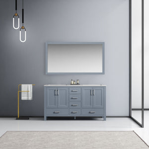 Lexora Jacques LJ342260DBDS000 60" Double Bathroom Vanity in Dark Grey with White Carrara Marble, White Rectangle Sinks, Rendered with Mirror
