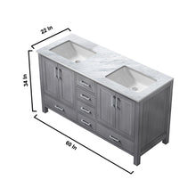 Load image into Gallery viewer, Lexora Jacques LJ342260DDDS000 60&quot; Double Bathroom Vanity in Distressed Grey with White Carrara Marble, White Rectangle Sinks, Vanity Dimensions