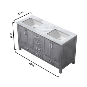 Lexora Jacques LJ342260DDDS000 60" Double Bathroom Vanity in Distressed Grey with White Carrara Marble, White Rectangle Sinks, Vanity Dimensions