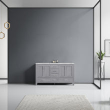 Load image into Gallery viewer, Lexora Jacques LJ342260DDDS000 60&quot; Double Bathroom Vanity in Distressed Grey with White Carrara Marble, White Rectangle Sinks, Rendered Front View