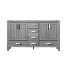 Load image into Gallery viewer, Lexora Jacques LJ342260DDDS000 60&quot; Double Bathroom Vanity in Distressed Grey with White Carrara Marble, White Rectangle Sinks, Front View