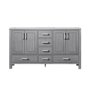 Lexora Jacques LJ342260DDDS000 60" Double Bathroom Vanity in Distressed Grey with White Carrara Marble, White Rectangle Sinks, Front View