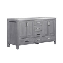 Load image into Gallery viewer, Lexora Jacques LJ342260DDDS000 60&quot; Double Bathroom Vanity in Distressed Grey with White Carrara Marble, White Rectangle Sinks, Angled View