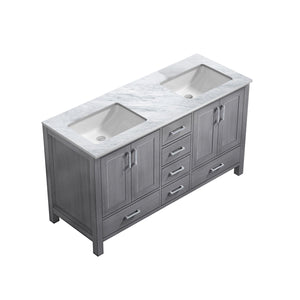 Lexora Jacques LJ342260DDDS000 60" Double Bathroom Vanity in Distressed Grey with White Carrara Marble, White Rectangle Sinks, Countertop