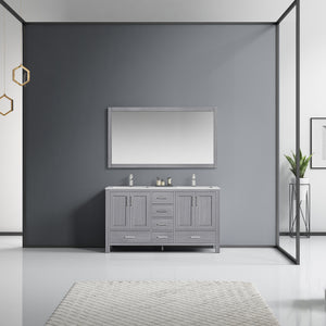 Lexora Jacques LJ342260DDDS000 60" Double Bathroom Vanity in Distressed Grey with White Carrara Marble, White Rectangle Sinks, Rendered with Mirror and Faucets