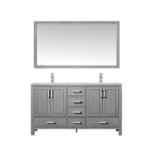 Load image into Gallery viewer, Lexora Jacques LJ342260DDDS000 60&quot; Double Bathroom Vanity in Distressed Grey with White Carrara Marble, White Rectangle Sinks, with Mirror and Faucets