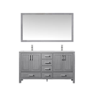Lexora Jacques LJ342260DDDS000 60" Double Bathroom Vanity in Distressed Grey with White Carrara Marble, White Rectangle Sinks, with Mirror and Faucets