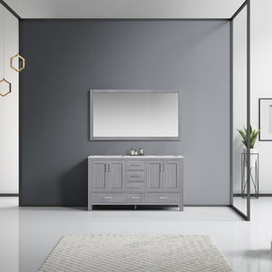 Lexora Jacques LJ342260DDDS000 60" Double Bathroom Vanity in Distressed Grey with White Carrara Marble, White Rectangle Sinks, Rendered with Mirror