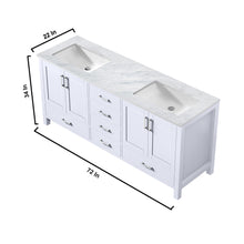 Load image into Gallery viewer, Lexora Jacques LJ342272DADS000 72&quot; Double Bathroom Vanity in White with White Carrara Marble, White Rectangle Sinks, Vanity Dimensions
