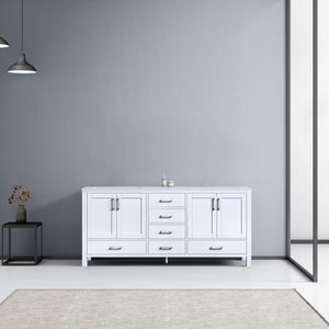 Lexora Jacques LJ342272DADS000 72" Double Bathroom Vanity in White with White Carrara Marble, White Rectangle Sinks, Rendered Front View