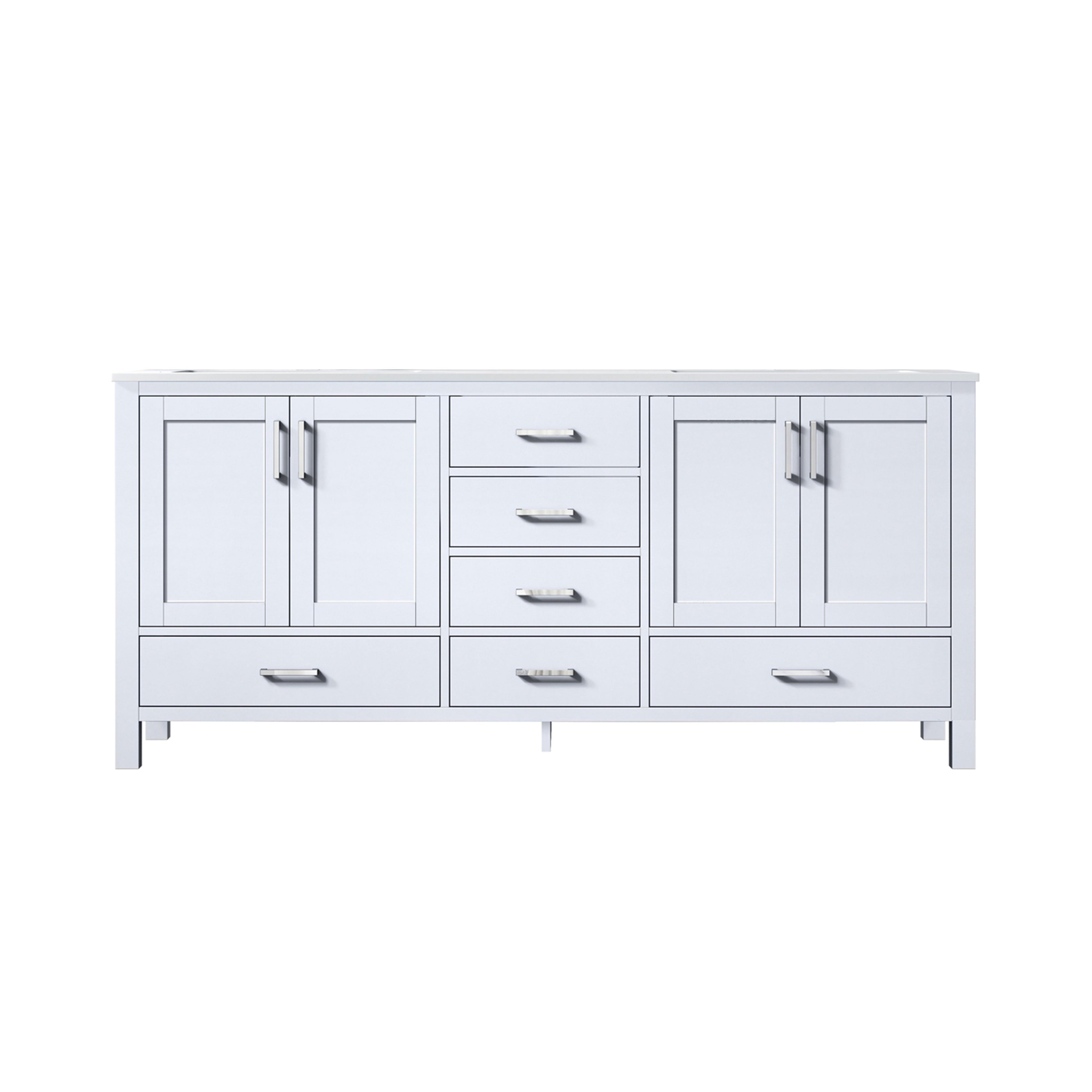 Lexora Jacques LJ342272DADS000 72" Double Bathroom Vanity in White with White Carrara Marble, White Rectangle Sinks, Front View