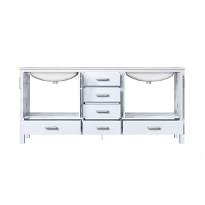 Lexora Jacques LJ342272DADS000 72" Double Bathroom Vanity in White with White Carrara Marble, White Rectangle Sinks, Open Doors