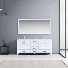 Load image into Gallery viewer, Lexora Jacques LJ342272DADS000 72&quot; Double Bathroom Vanity in White with White Carrara Marble, White Rectangle Sinks, Rendered with Mirror and Faucets