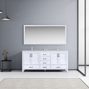 Lexora Jacques LJ342272DADS000 72" Double Bathroom Vanity in White with White Carrara Marble, White Rectangle Sinks, Rendered with Mirror and Faucets