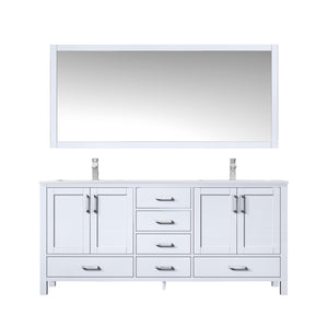 Lexora Jacques LJ342272DADS000 72" Double Bathroom Vanity in White with White Carrara Marble, White Rectangle Sinks, with Mirror and Faucets